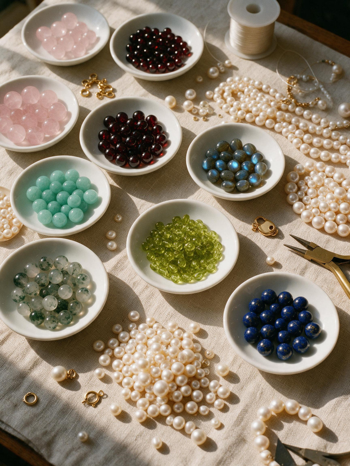 Coupelles de quartz rose, grenat, amazonite, labradorite, péridot, agate mousse et lapis-lazuli parmi des perles d’eau douce